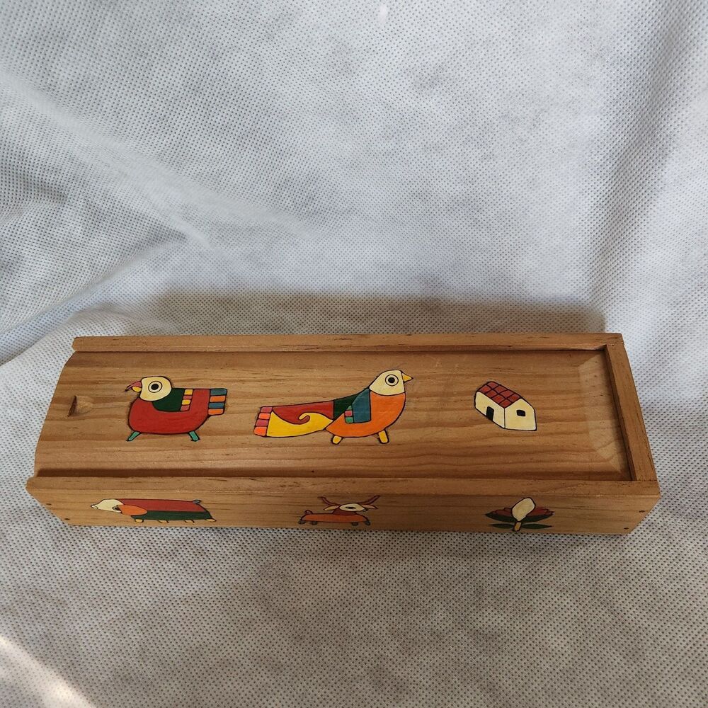 Vintage La Palma El Salvador Handmade Folk Art Slide Pencil Holder Wooden Box